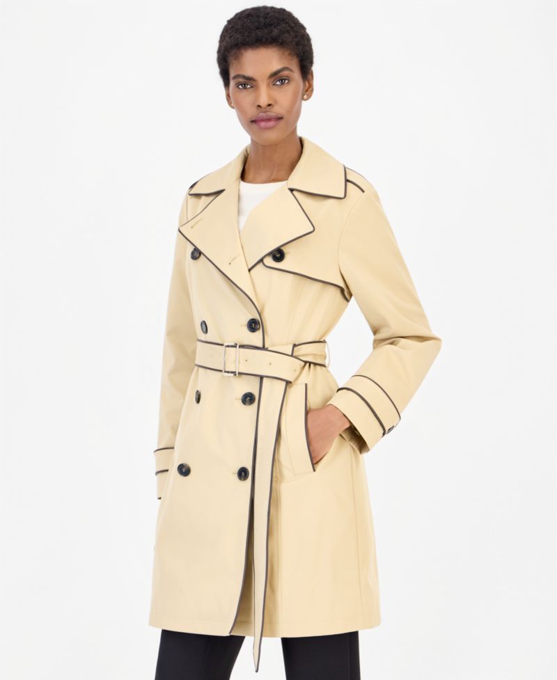 Women's Faux Leather-Trim Button-Front Trench Coat
