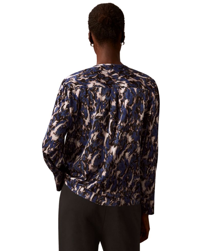 Women's Button-Front Long-Sleeve Crewneck Blouse