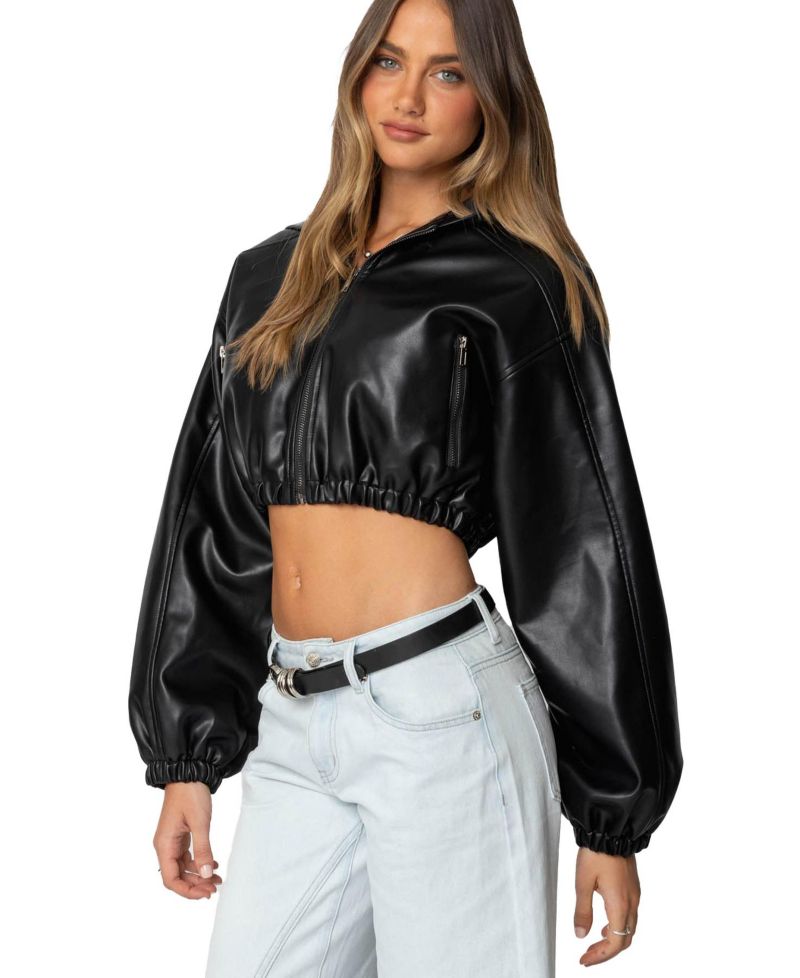 Women's Hooded Faux Leather Cropped Jacket