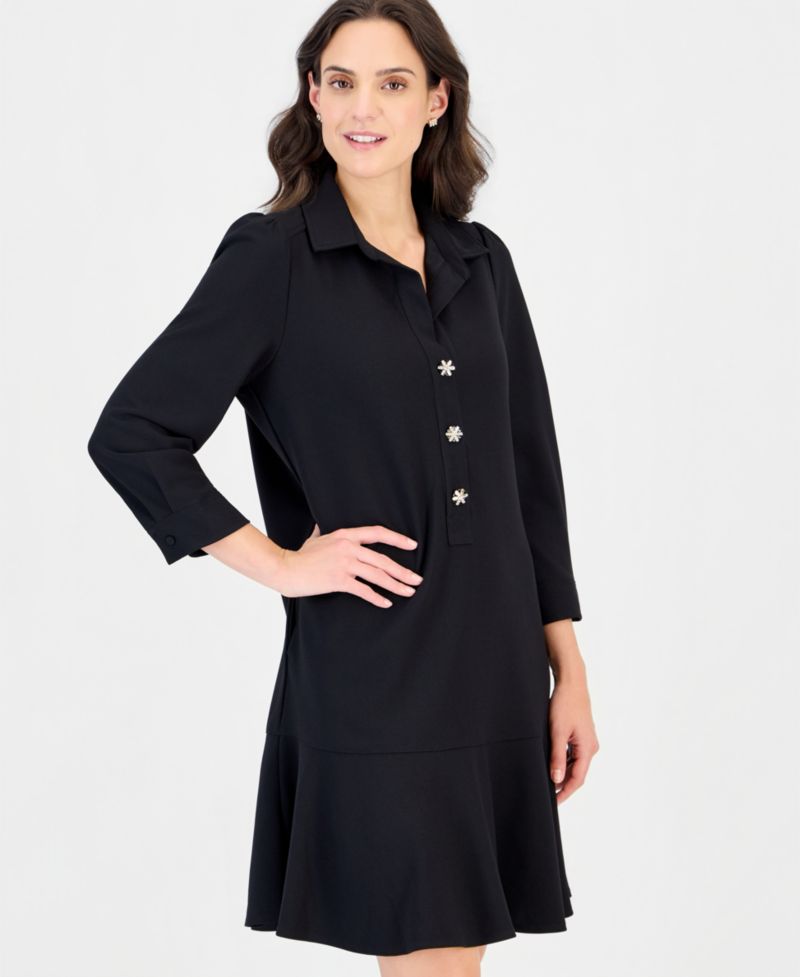 Petite Collared 3/4-Sleeve Flared-Hem Dress