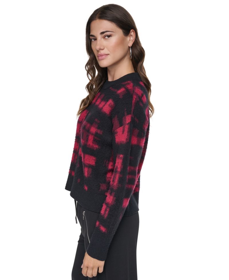 Women's Brushed-Plaid Long-Sleeve Crewneck Pullover Sweater
