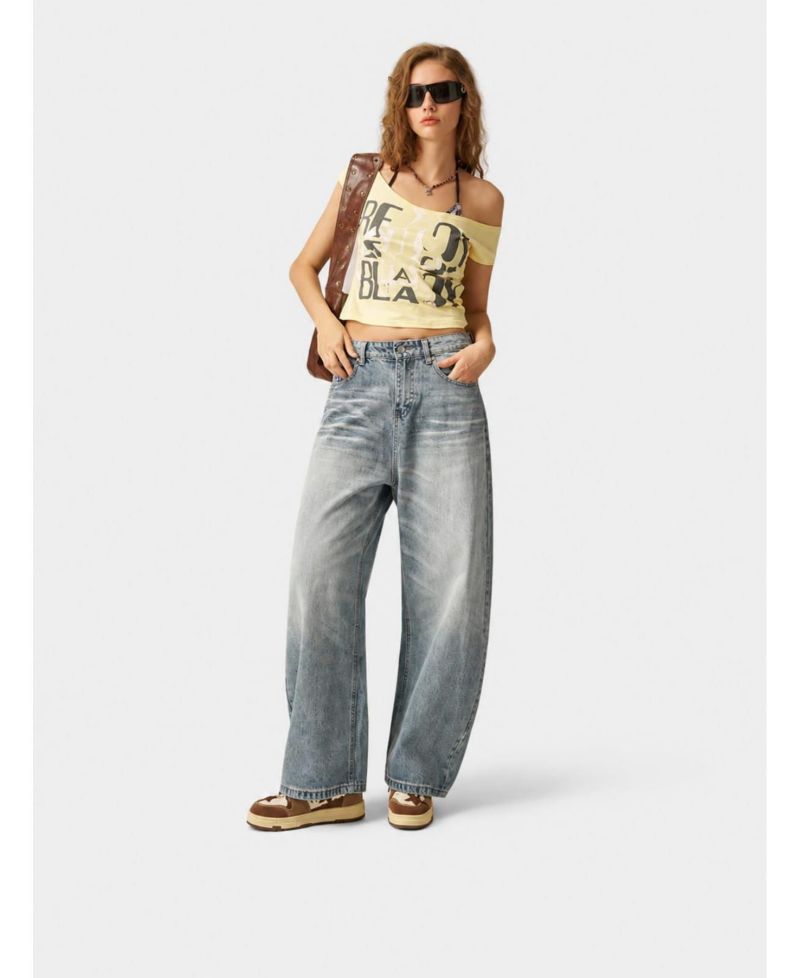 Women's Baggy Barrel High-Rise Wide-Leg Washed Jeans