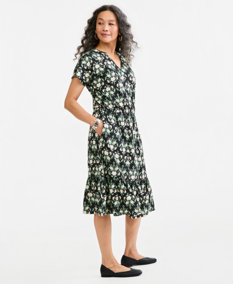 Women's Printed V-Neck Short-Sleeve Knit Midi Dress