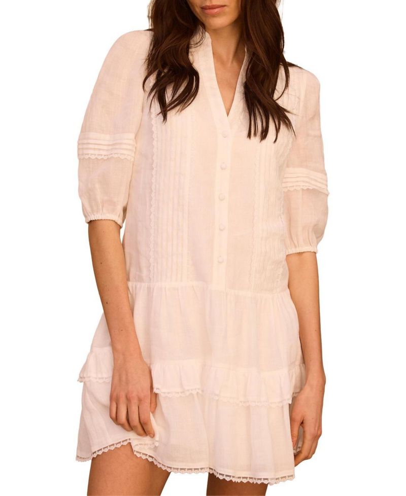 Women's Ruffle V-Neck Short-Sleeve Ramie Mini Dress