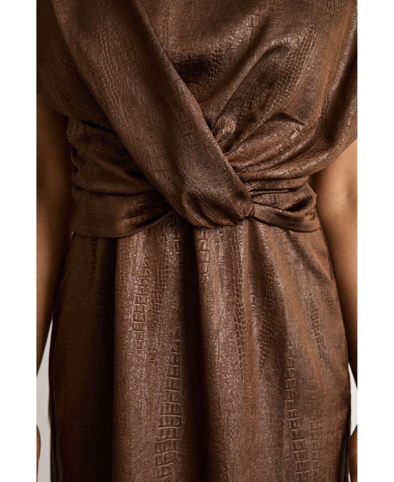 Women's Leather Look Twist Front Midi Dress