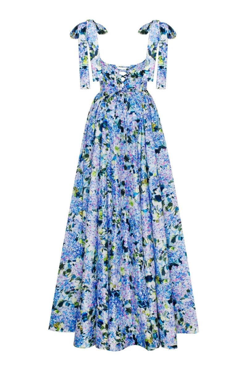 Womens Blue Hydrangea Strapped Maxi Dress