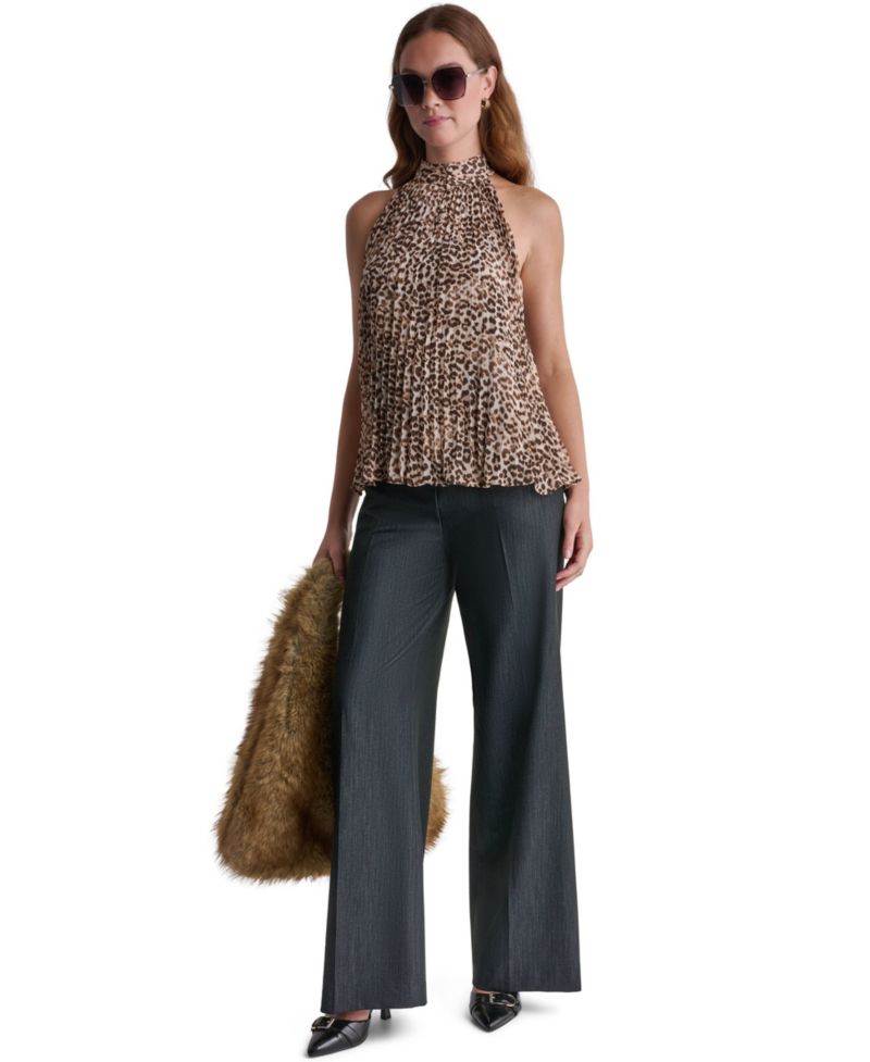 Women's Halter Leopard-Print Pleated Tank Top