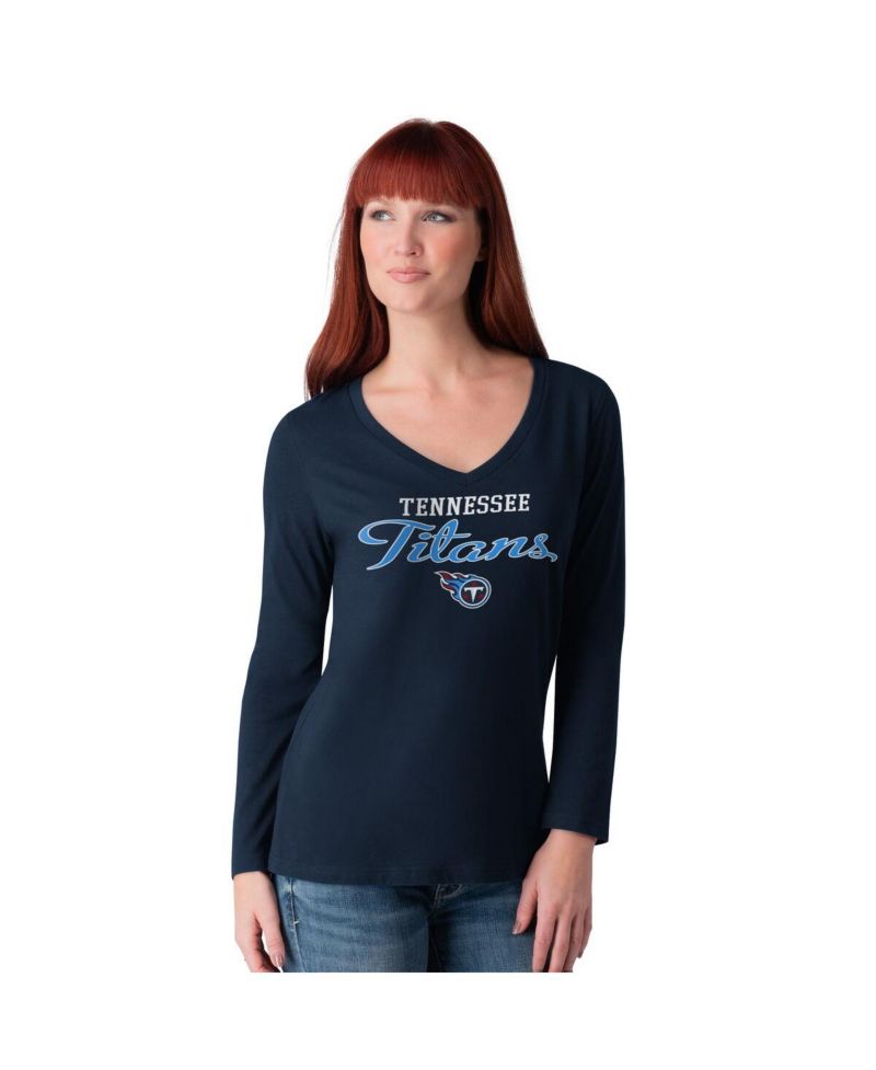 Women's Navy Tennessee Titans Post Season Long Sleeve V-Neck T-Shirt