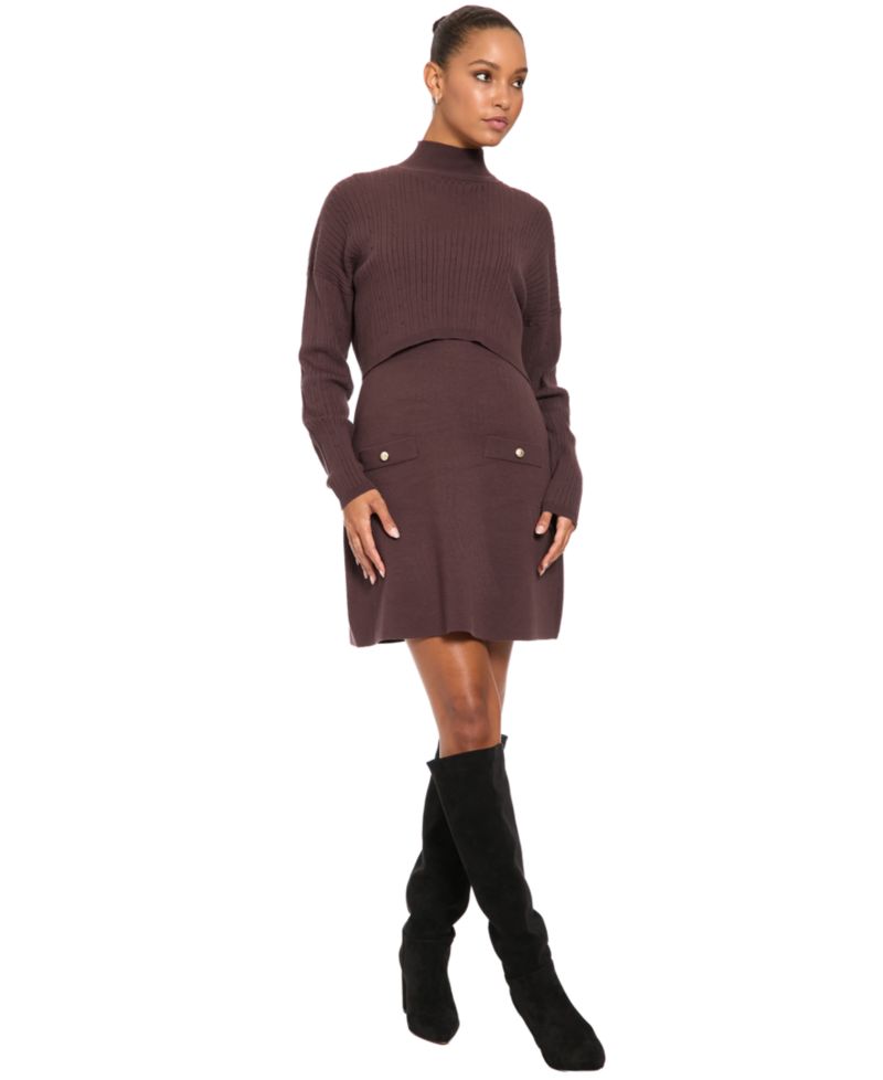 Women's Mock Neck Long-Sleeve Two-Piece Sweater Dress