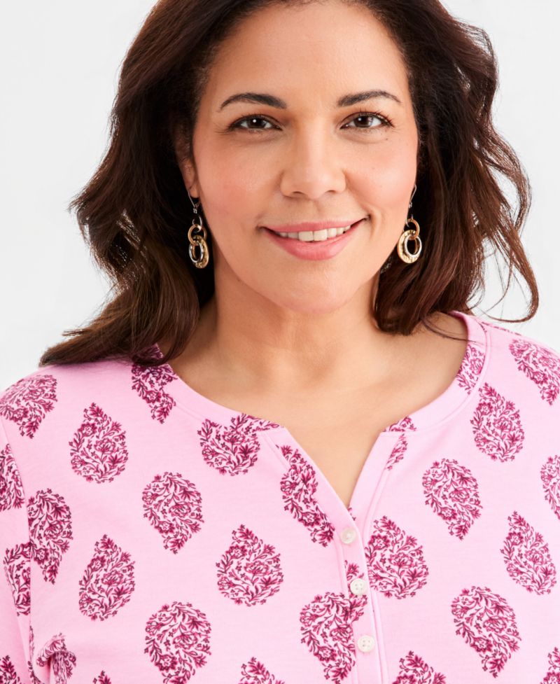 Plus Size Printed Short-Sleeve Henley Top