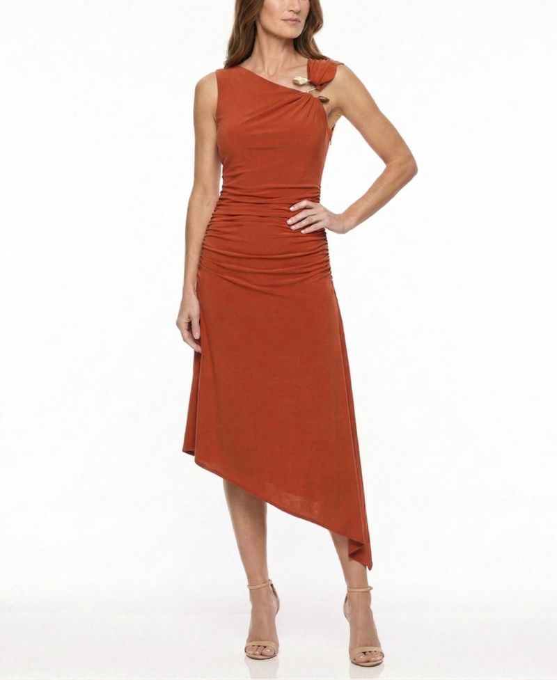 Women's Asymmetrical Neck Ruched Midi Dress