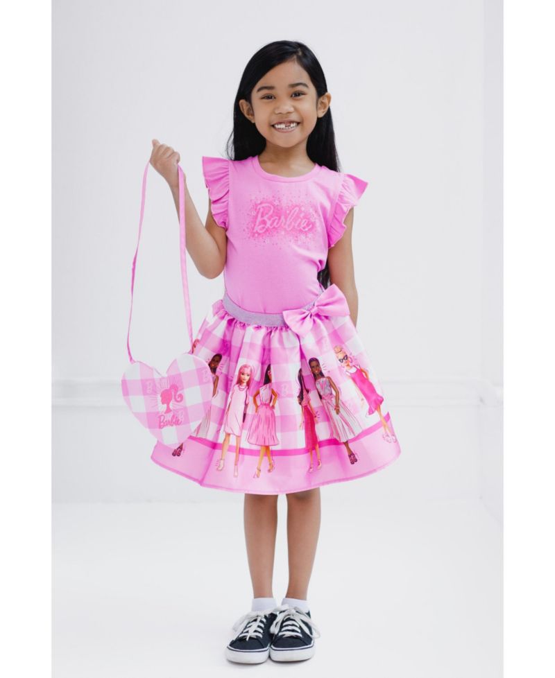 Little Girls Tank Top, Satin Skirt and Crossbody Bag 3 Piece Outfit Set