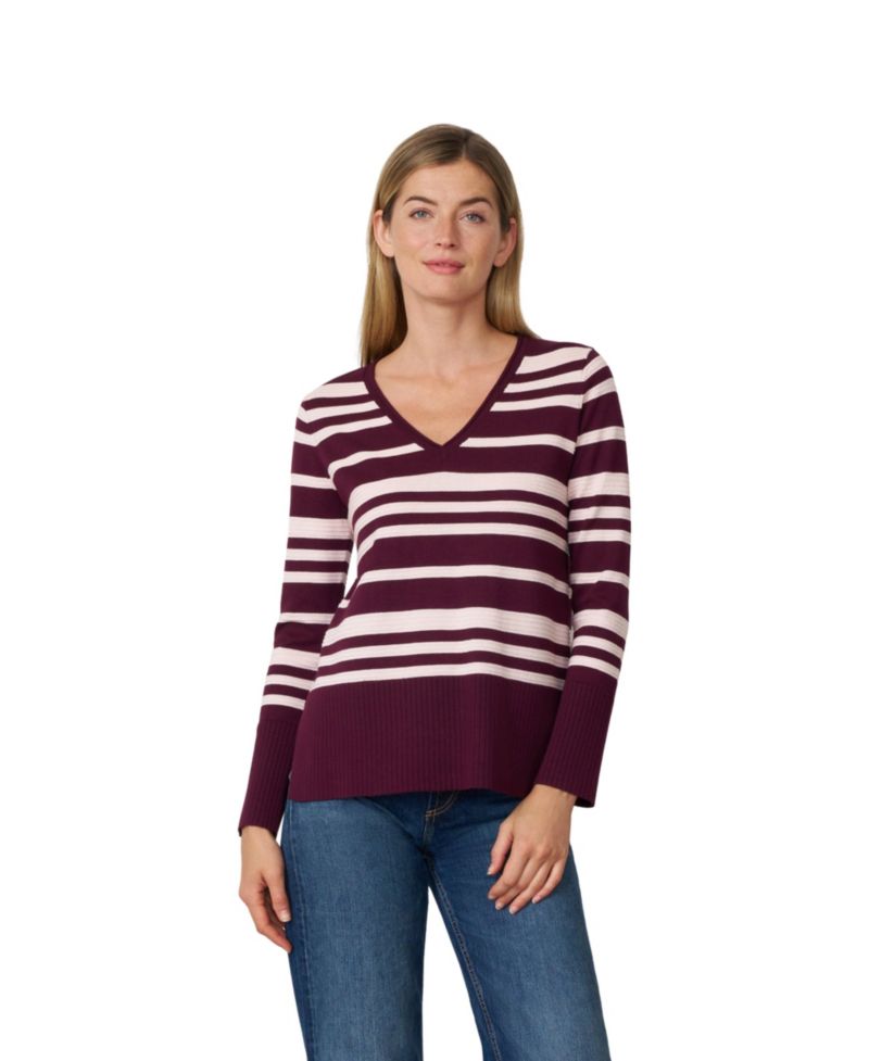 Women's Textured Stripe V-Neck Long-Sleeve Sweater
