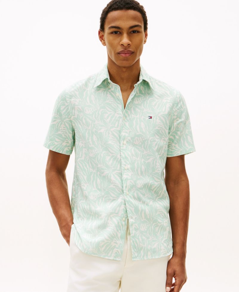 Men's Short-Sleeve Linen-Blend Printed Shirt