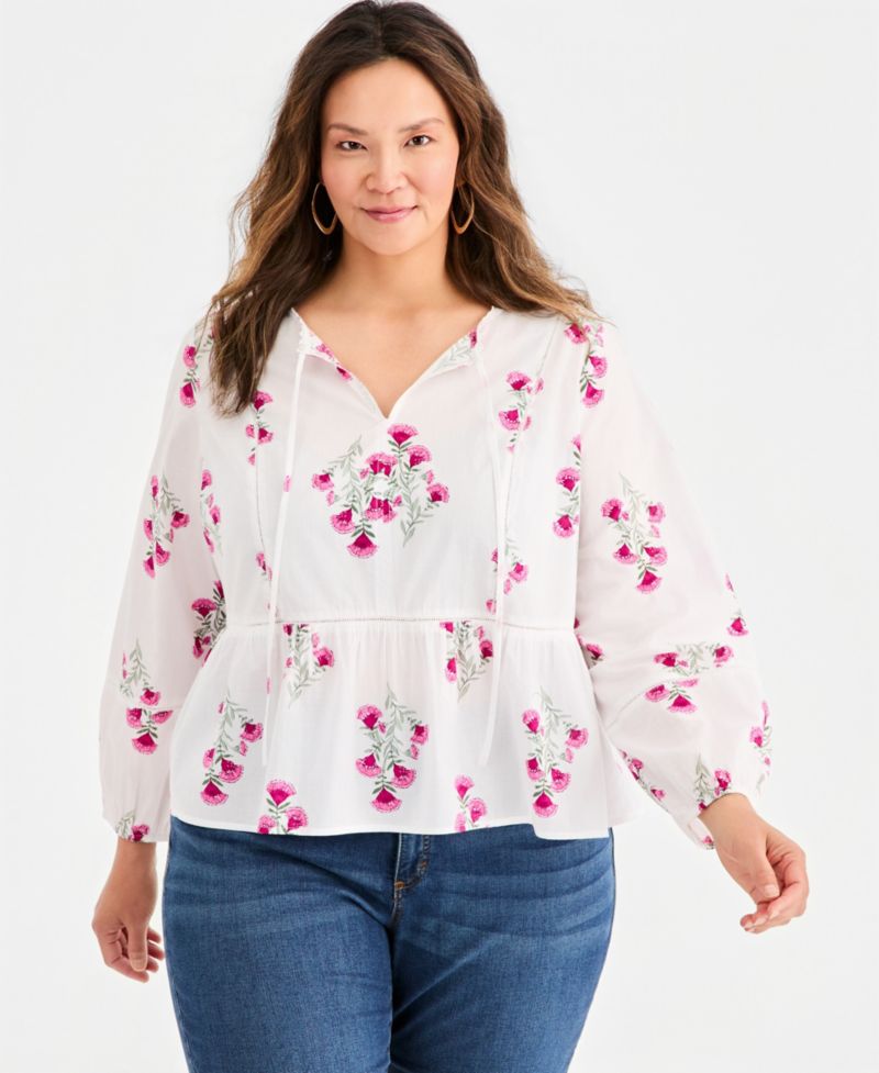 Plus Size Printed Split-Neck Peplum Popover Blouse
