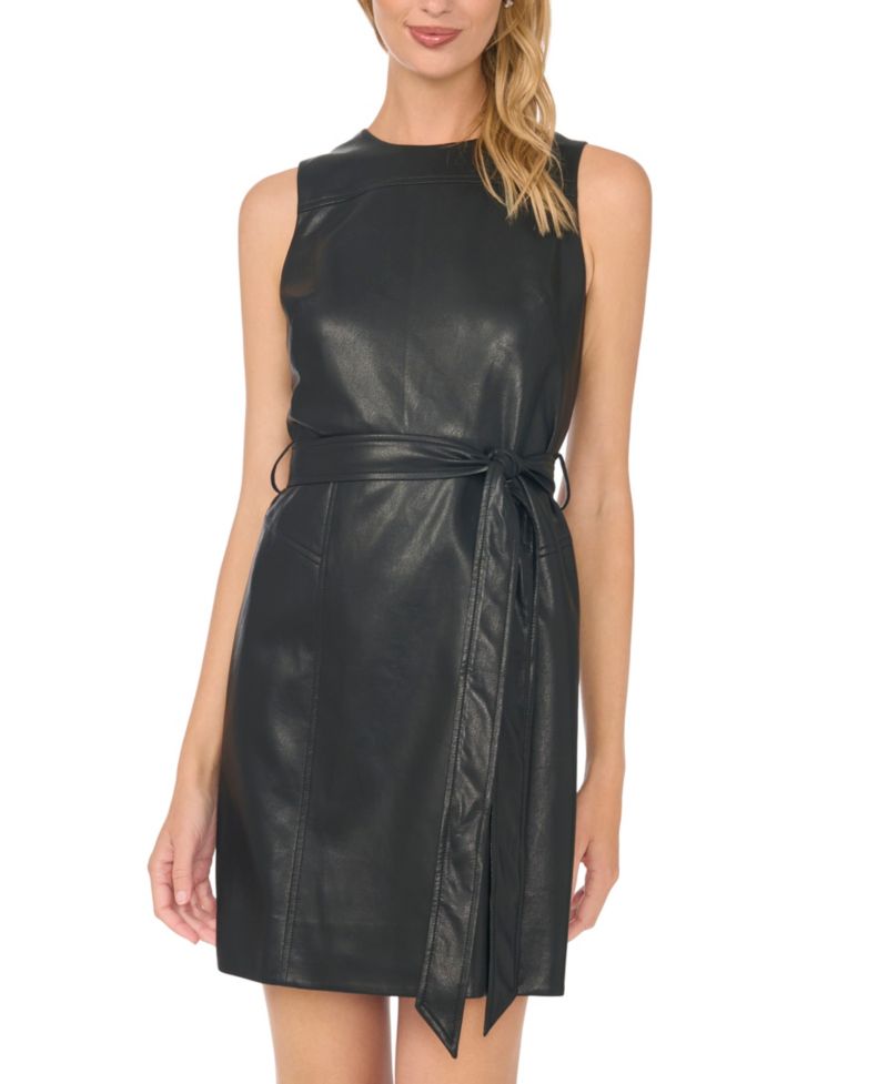 Women's Faux Leather Tie Waist Crewneck Dress