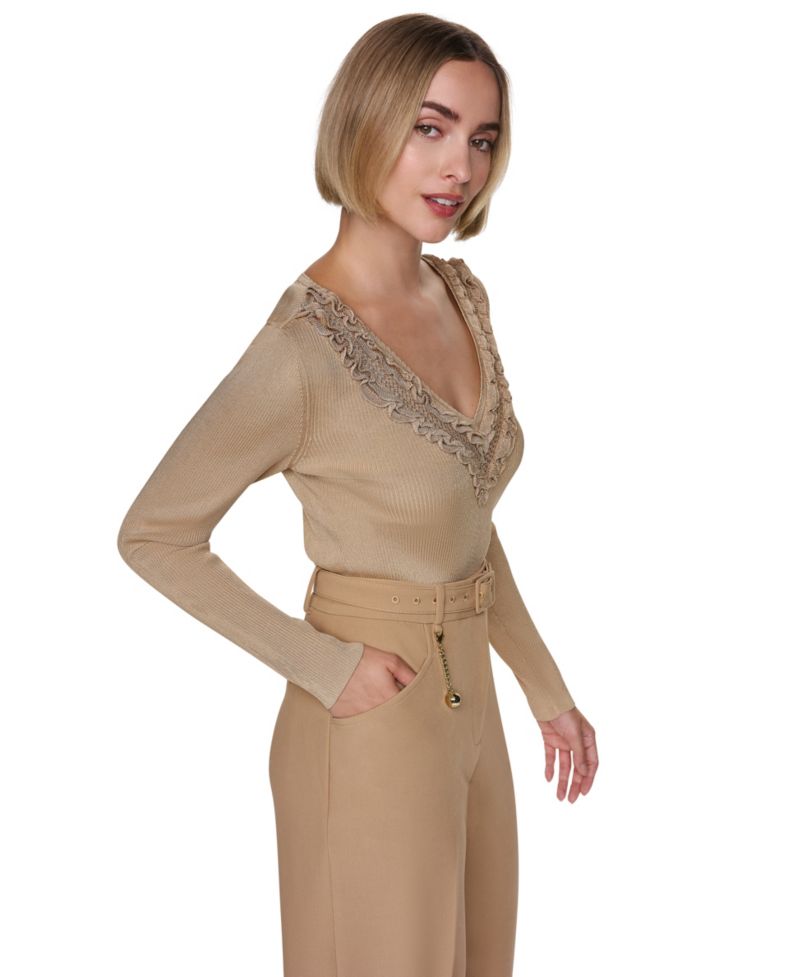 Women's V-Neck Ruffle-Detail Fitted Pullover