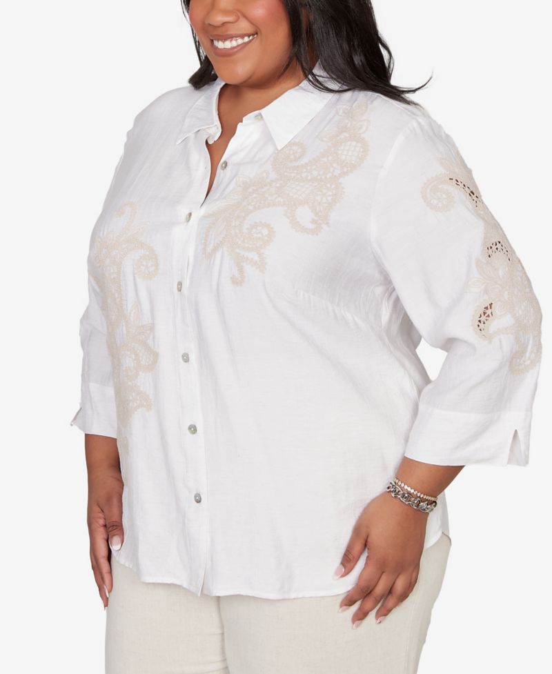 Plus Size Natural Wonder Scroll Soutache Button-Front Closure Top