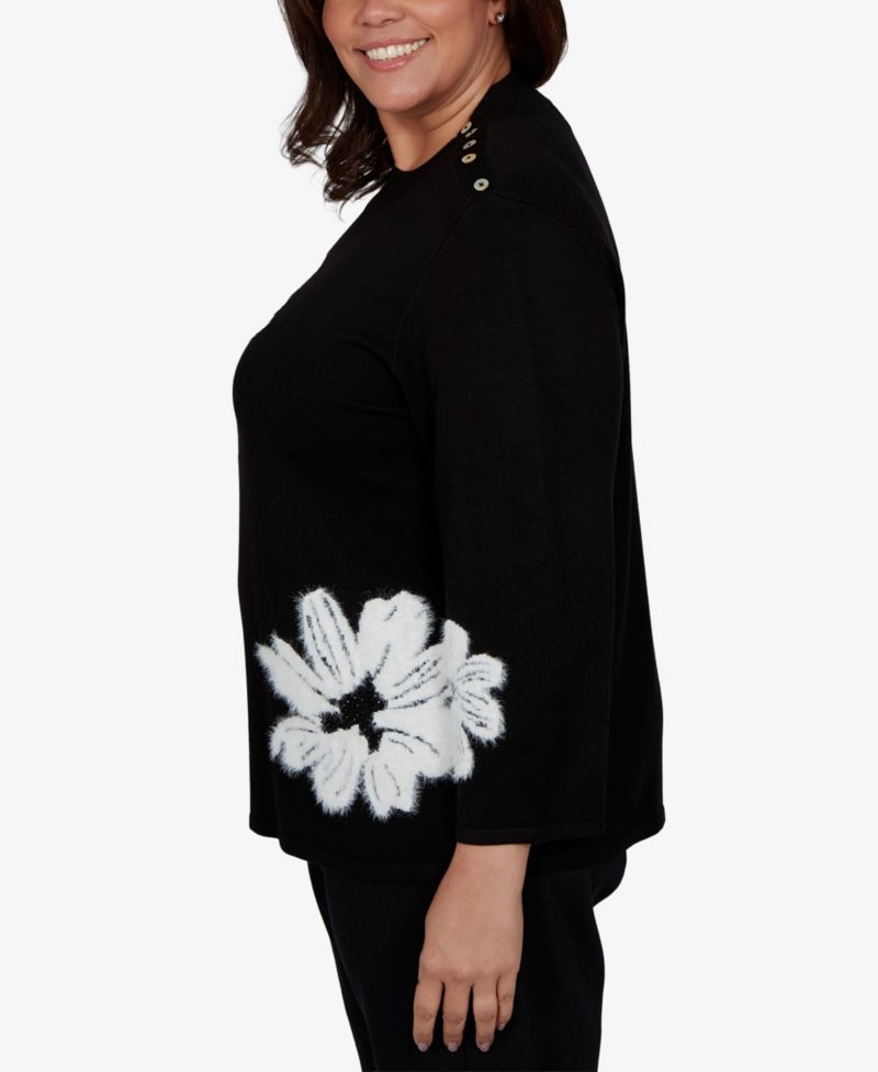 Plus Size 3/4-Sleeve Floral-Print Crewneck Pullover Sweater