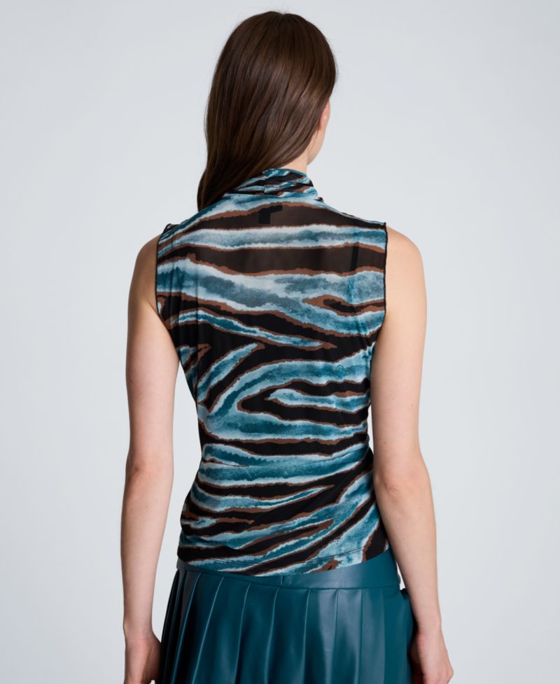 Women's Front-Pleated Mock Neck Mesh Sleeveless Top