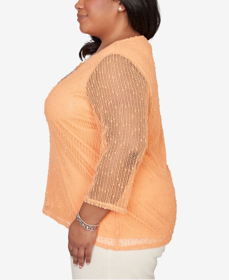 Plus Size Beachcomber Bright Popcorn Mesh Top with Necklace