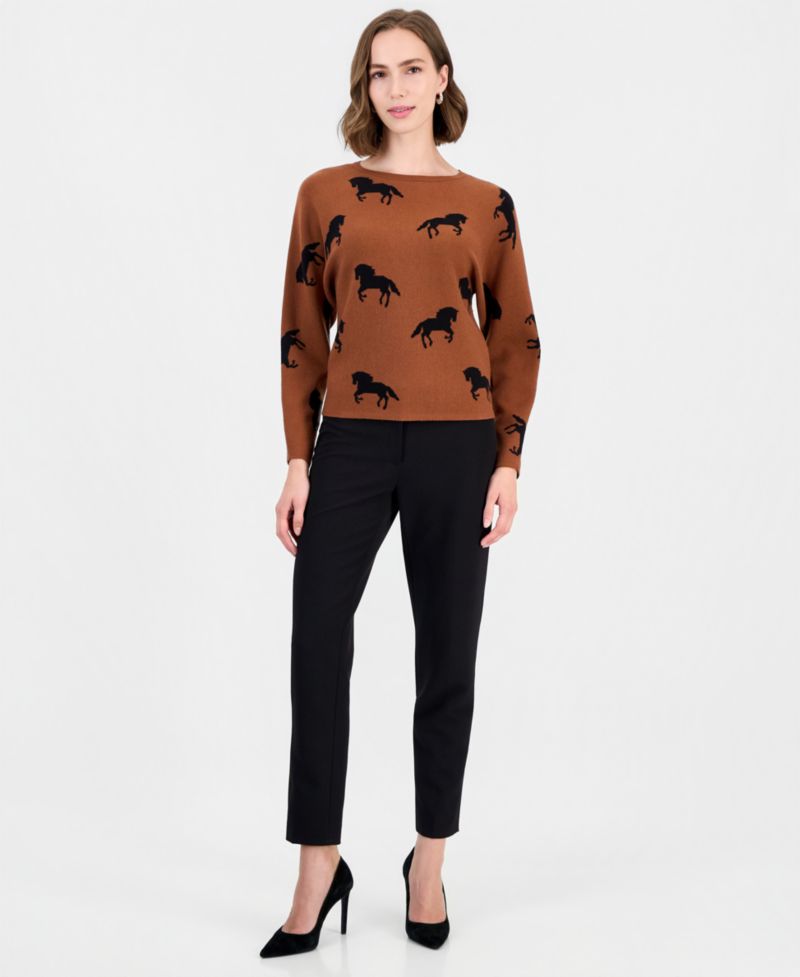 Women's Dolman Sleeve Crewneck Horse Jacquard Pullover Sweater