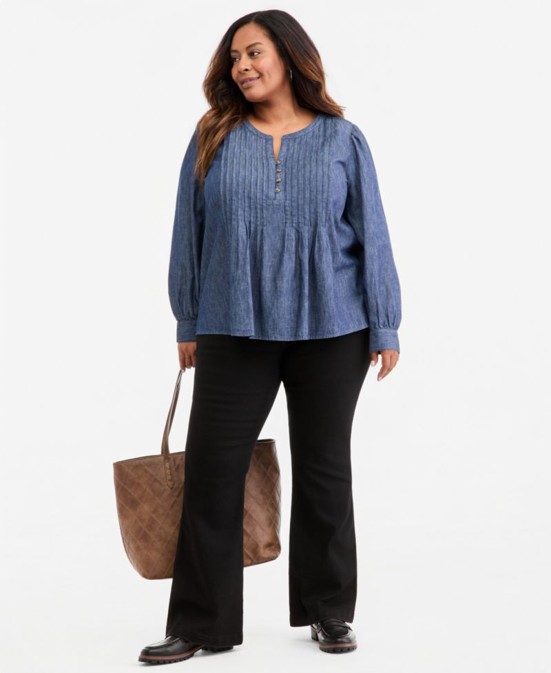 Plus Size Chambray Pintuck Long-Sleeve Top