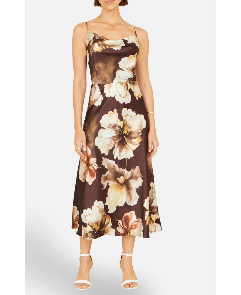 Women's Cowl Neck Satin Floral Dress