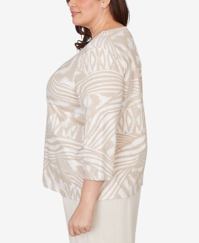 Plus Size Natural Wonder Animal Print Split Neck Beaded Top