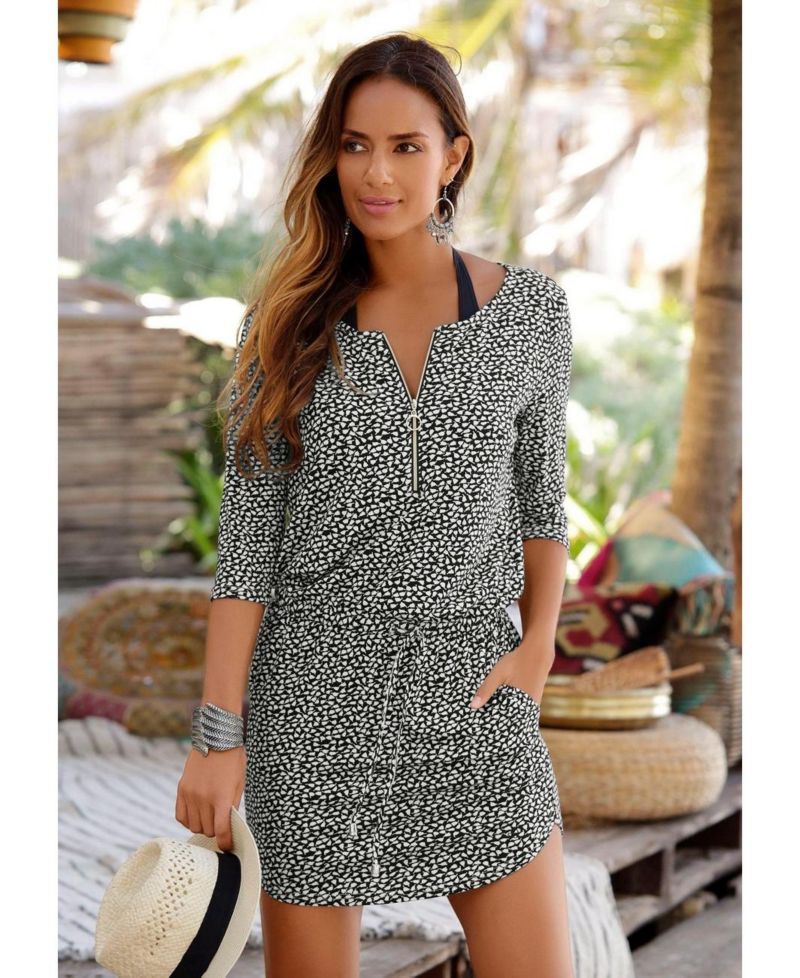 Women's Viscose Printed Zip Detail Front-Closure Short Dress