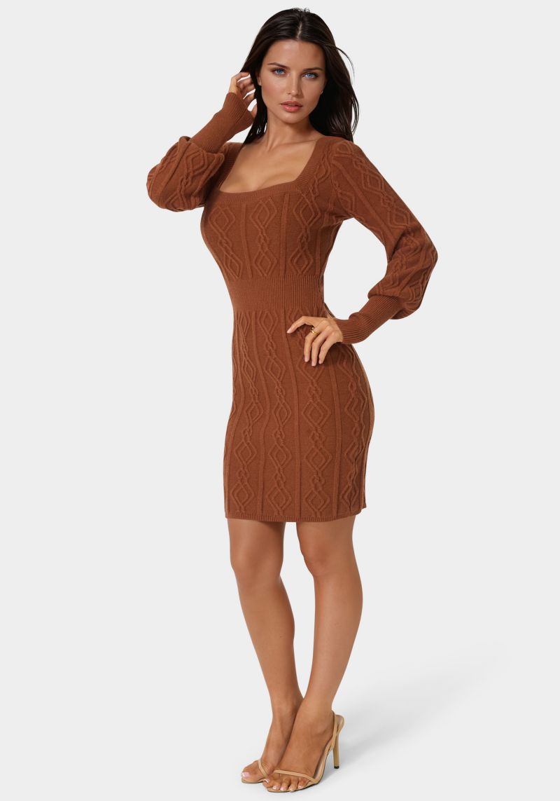 Women's Square Neck Long Sleeve Cable Sweater Dress