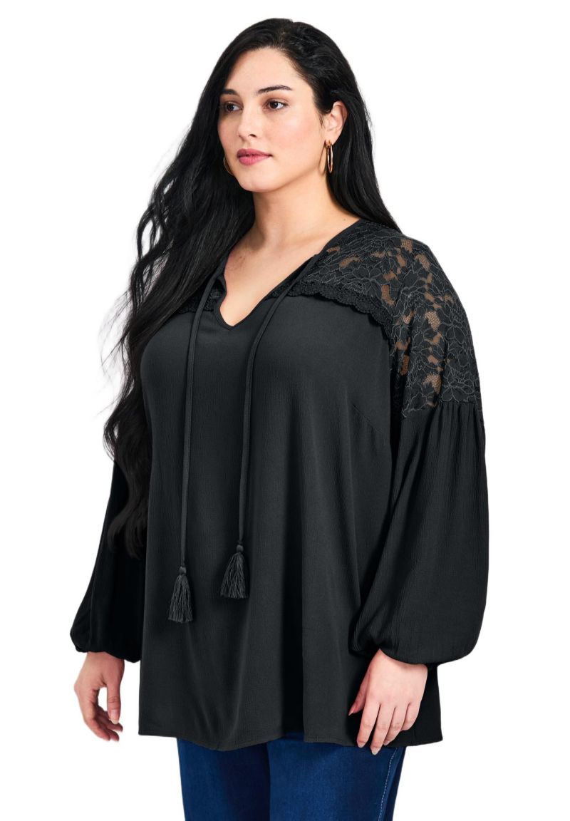 Women's Plus Size Marcie Lace Yoke Long Sleeve Top