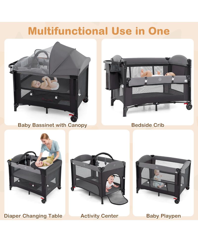 4-Level Adjustable Baby Bassinet with Foldable Design and Plush Mattress Changing Table