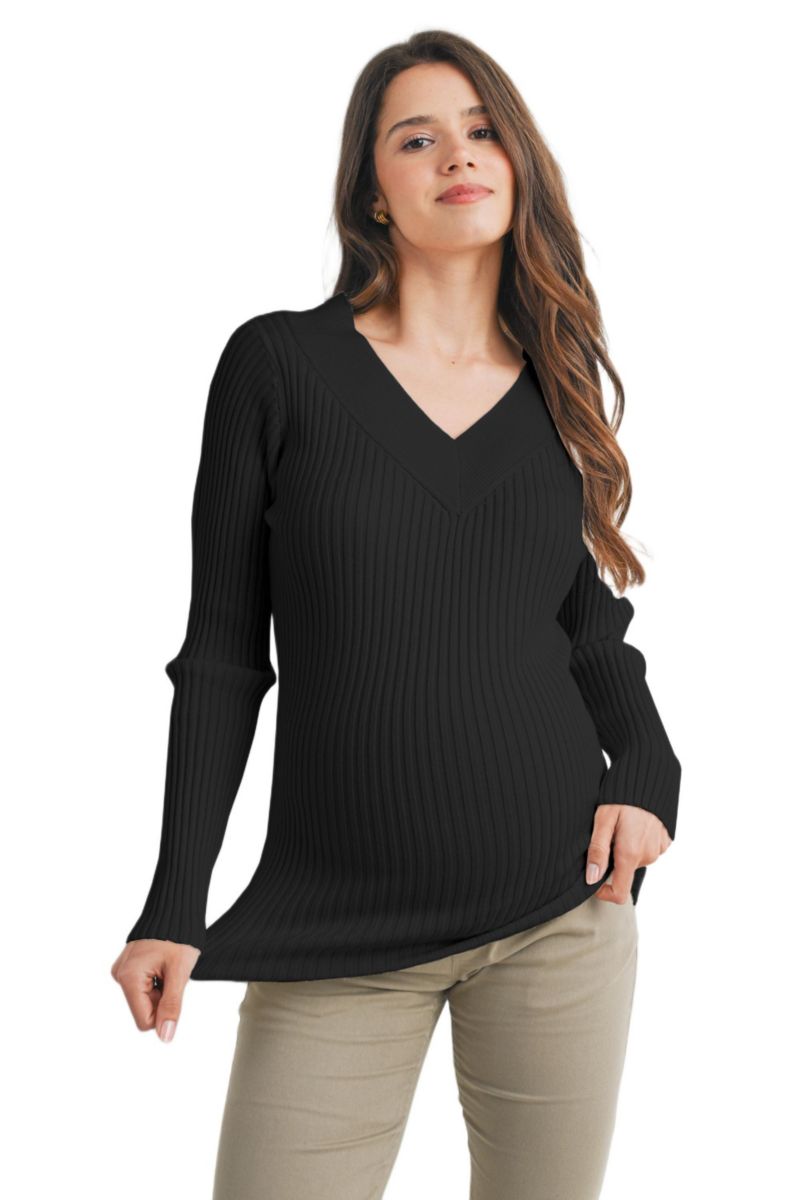 Maternity Ribbed Knit V Neck Long Sleeve Sweater