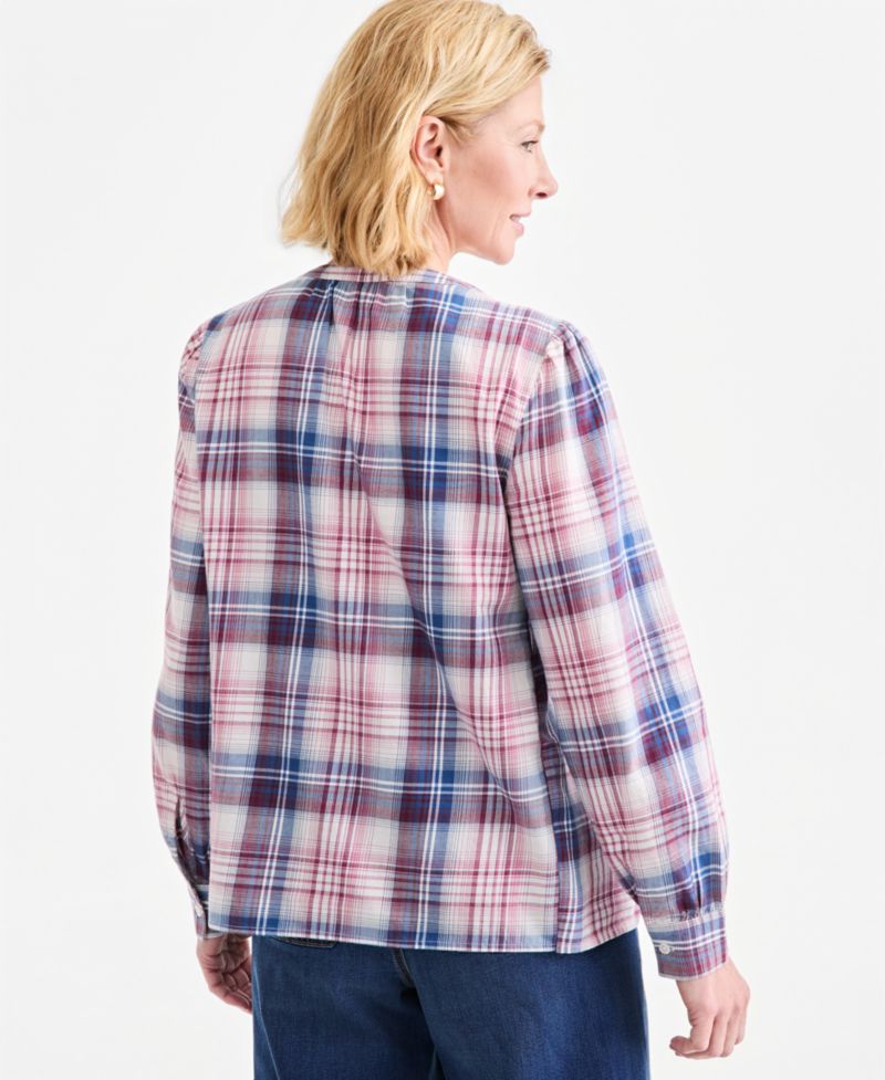 Petite Claire Plaid V-Neck Long-Sleeve Blouse