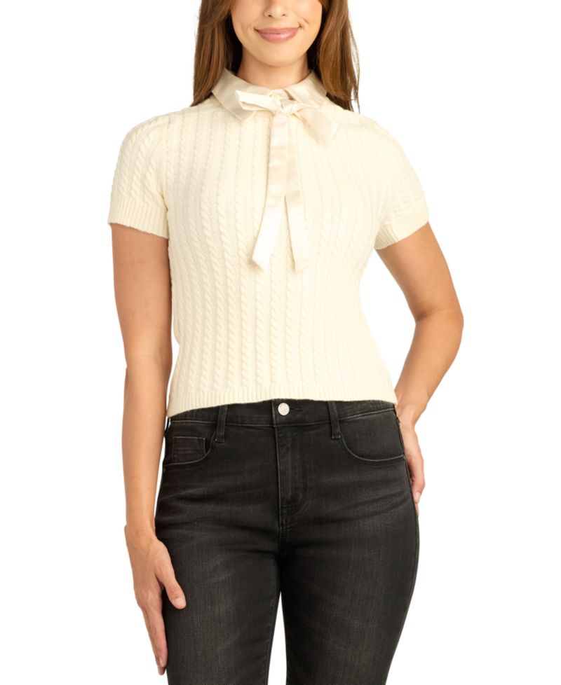 Juniors' Cable-Knit Contrast-Collar Back-Zipper Short-Sleeve Pullover Sweater
