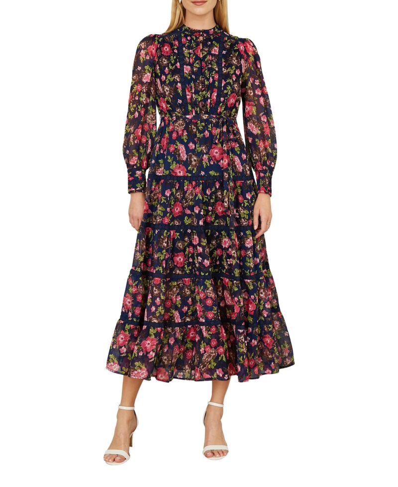 Blossom Print Lace Trim Maxi Dress