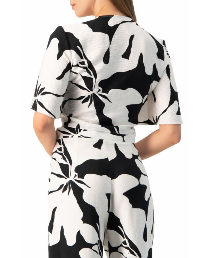 Women's Tie-Front Floral-Print Wide-Sleeve Crop Top