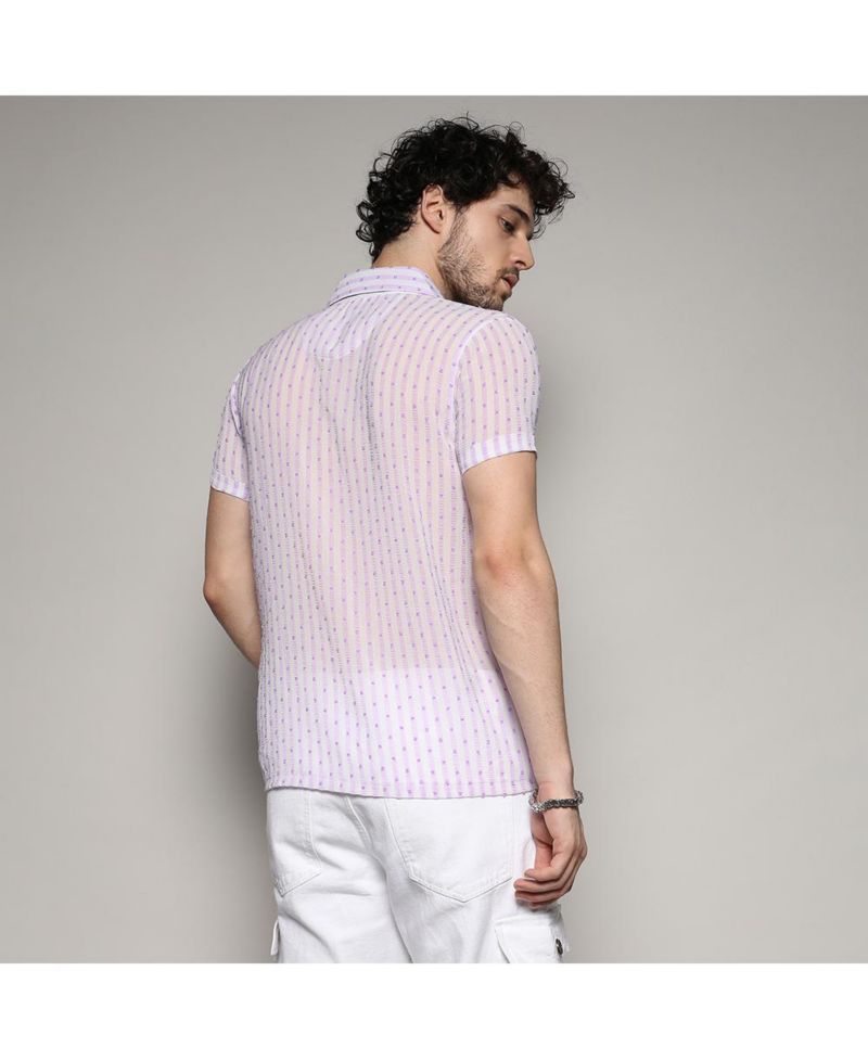 Men's White & Lavender Balanced Striped Shirt