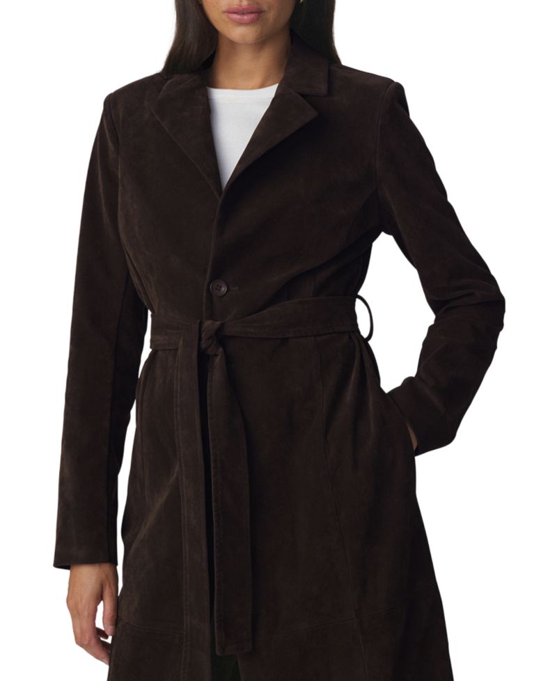 Women's Collared Belted Faux-Suede Long Coat