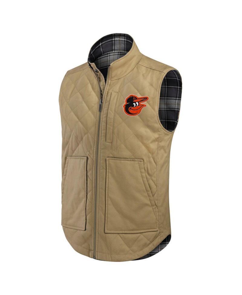 Men's Tan/Charcoal Baltimore Orioles Reversible Canvas Plaid Patch Full-Zip Vest