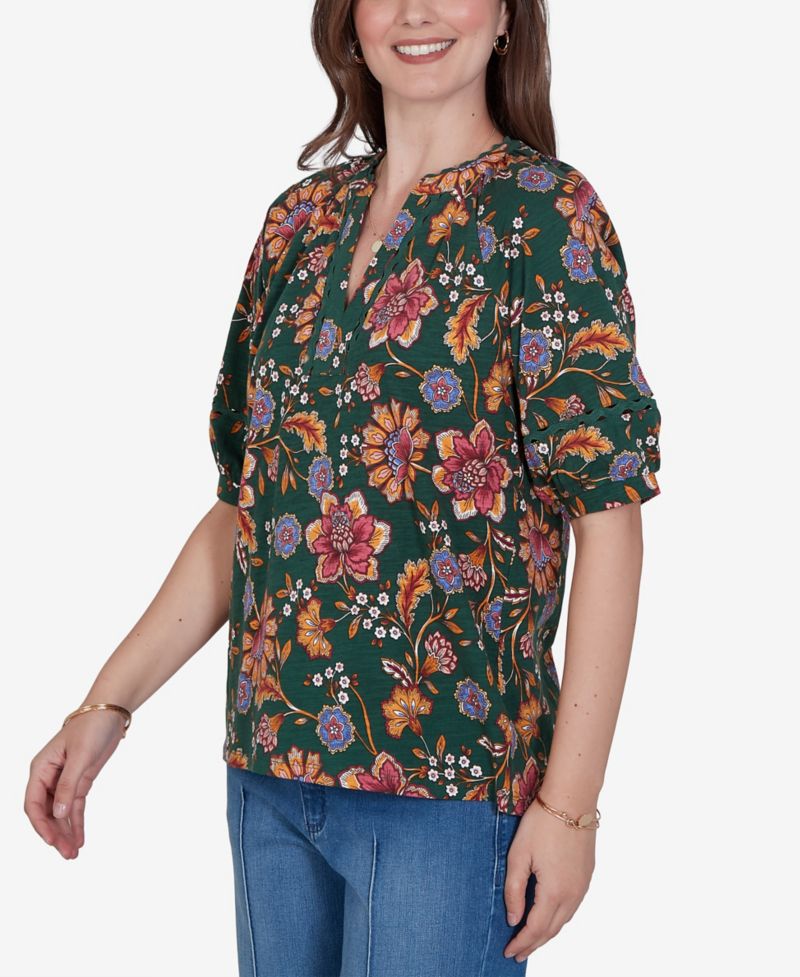 Petite Floral Vines Printed Cotton Knit Top