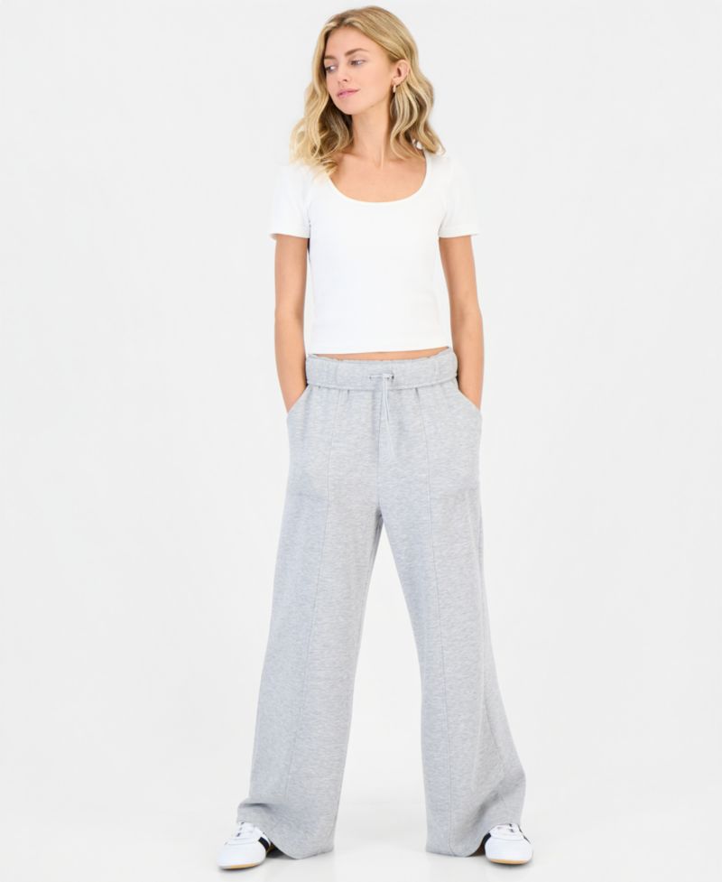 Juniors' Foldover High-Rise Wide-Leg Pull-On Fleece Pants