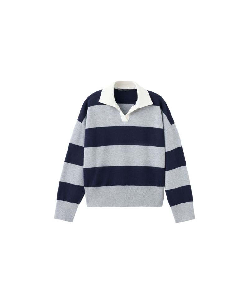 Women's Striped Polo-Neck Long-Sleeve Sweater