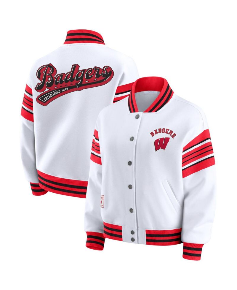 Women's White/Red Wisconsin Badgers Satin Stitch Full-Snap Fleece Sweatshirt Jacket
