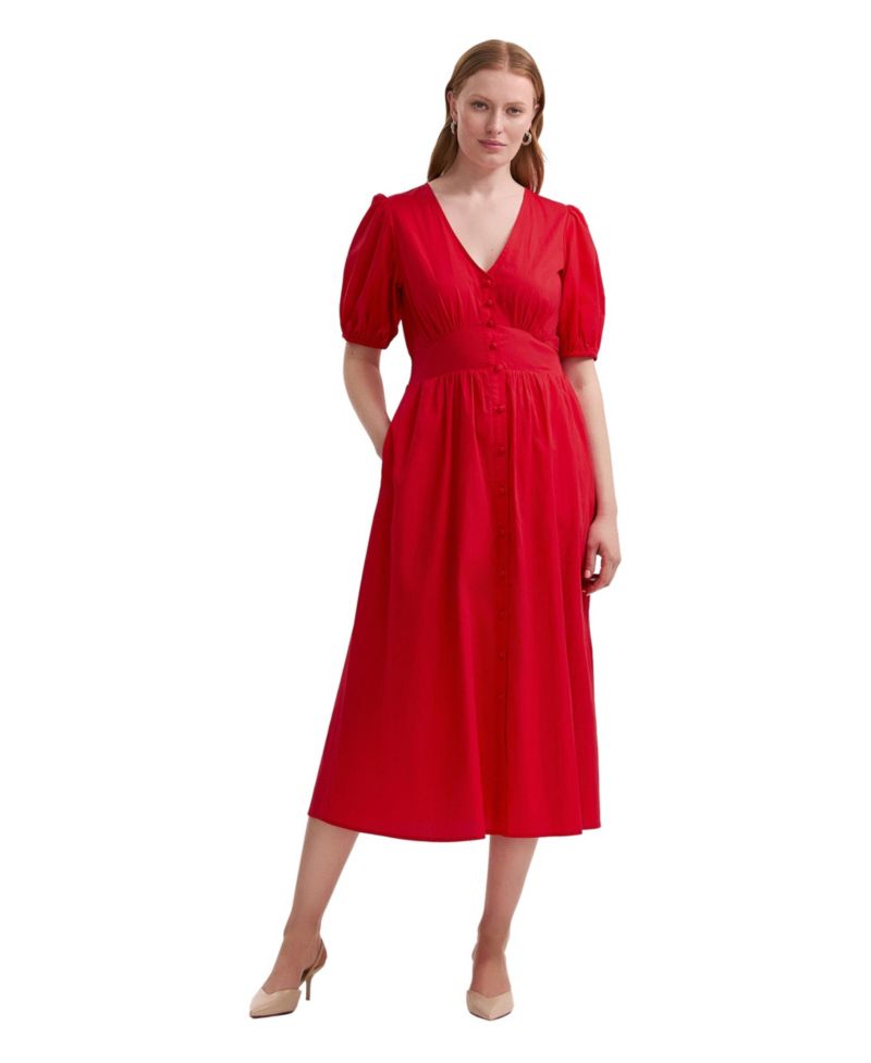 Women's Addison Puff-Sleeve V-Neck Midi Dress