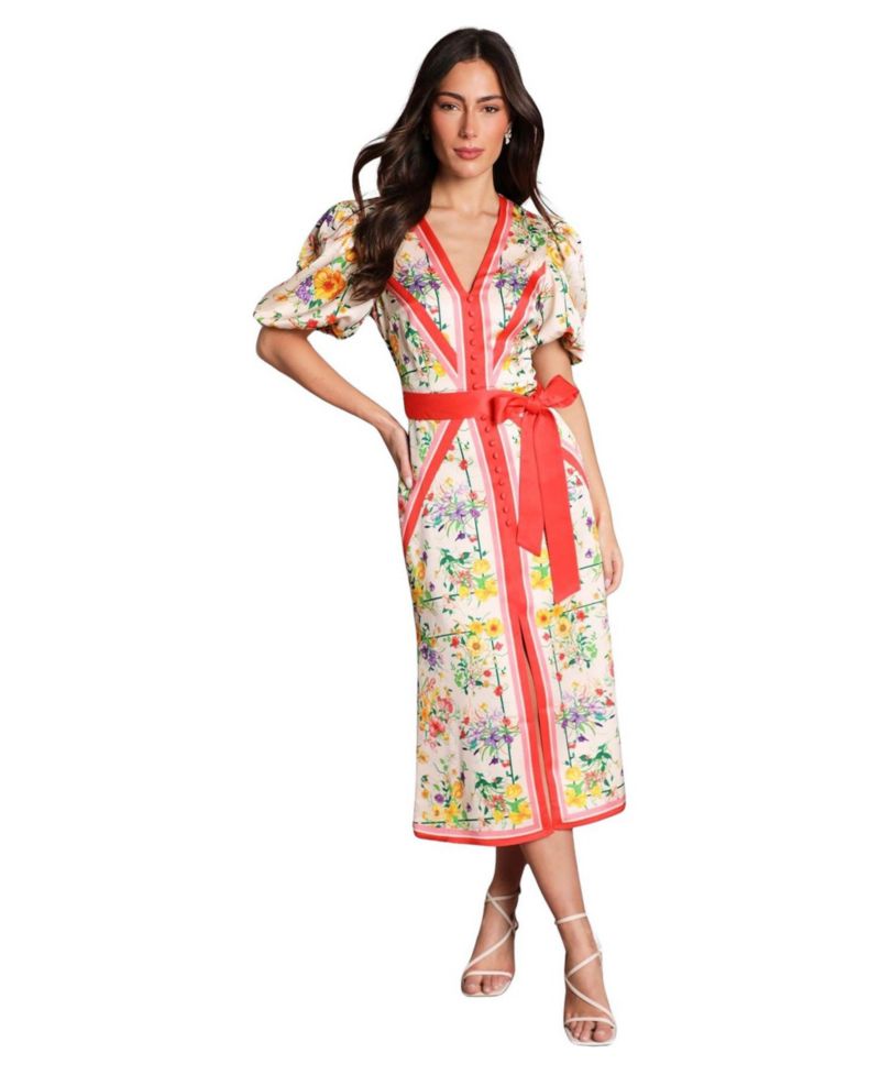 Women's Satin Scarf Print V-Neck Midi Dress