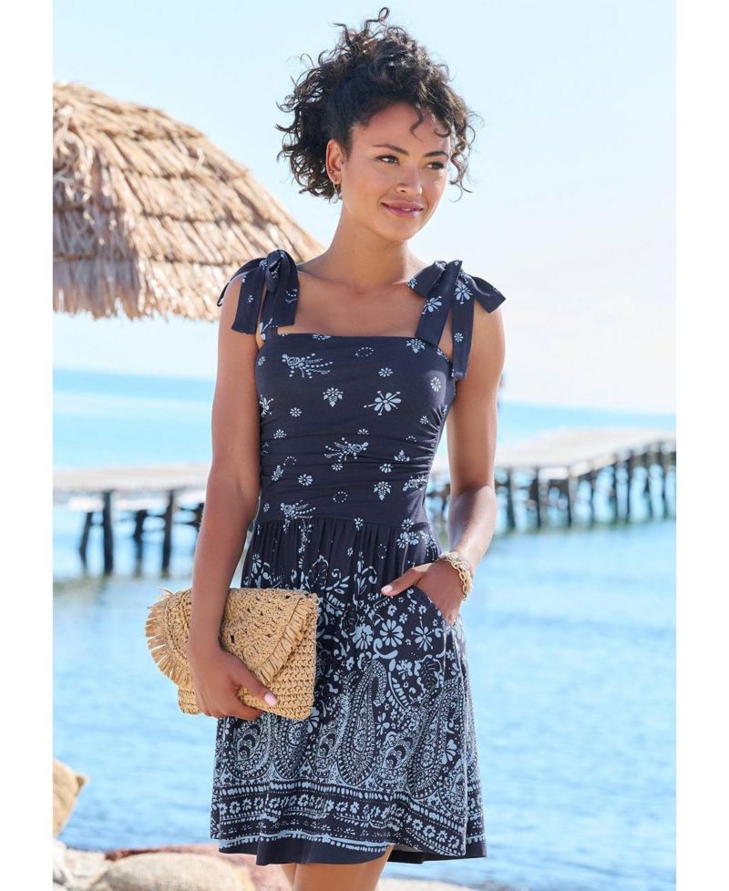 Women's Viscose Printed Tie Strap with Pockets Elastic-Waist Short Dress