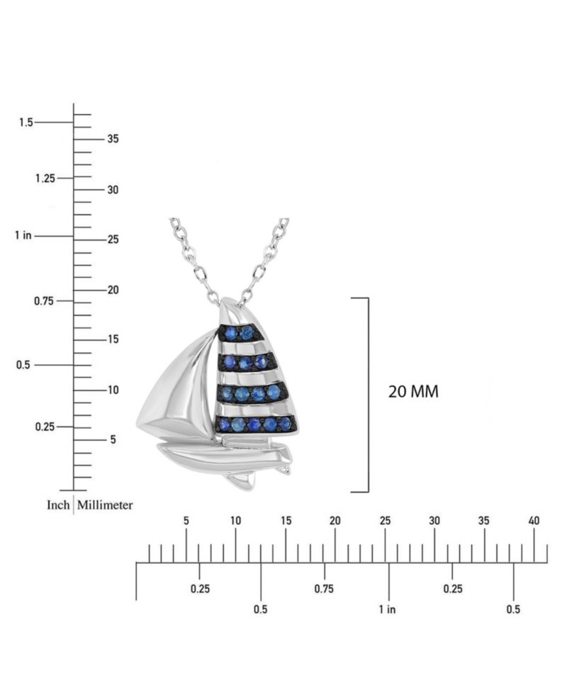 Created Blue Sapphire Ship Necklace in Rhodium Over Sterling Silver