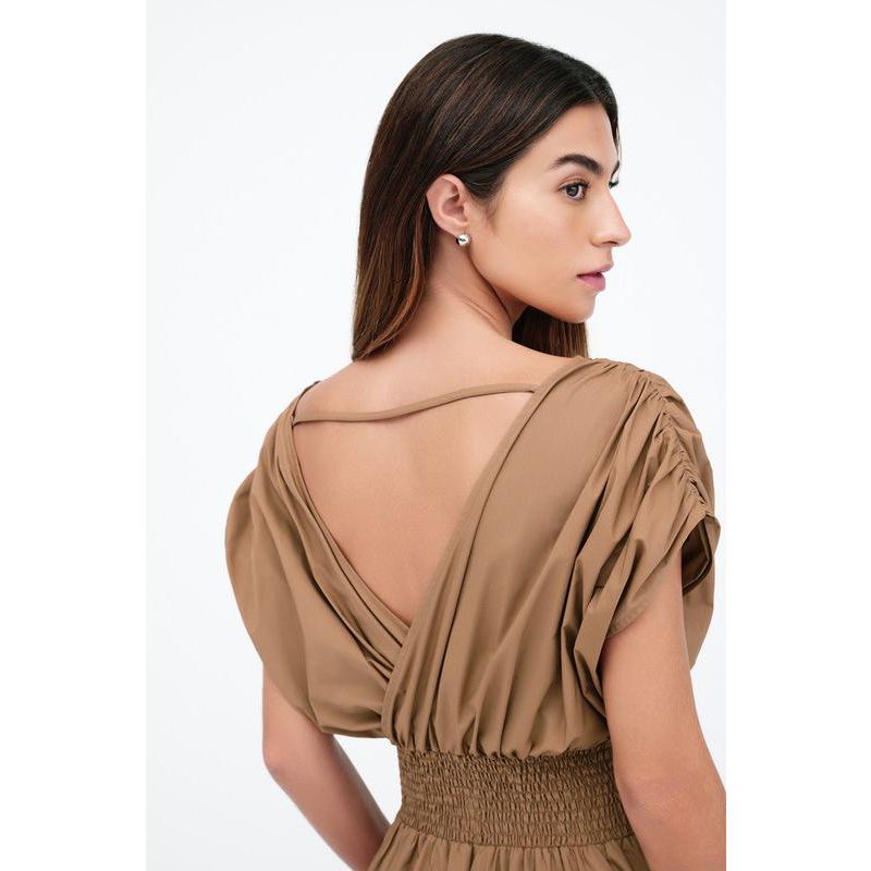 Women's Signe V-Neck Smocked-Waist Off-Shoulder Cotton Dress with Pockets